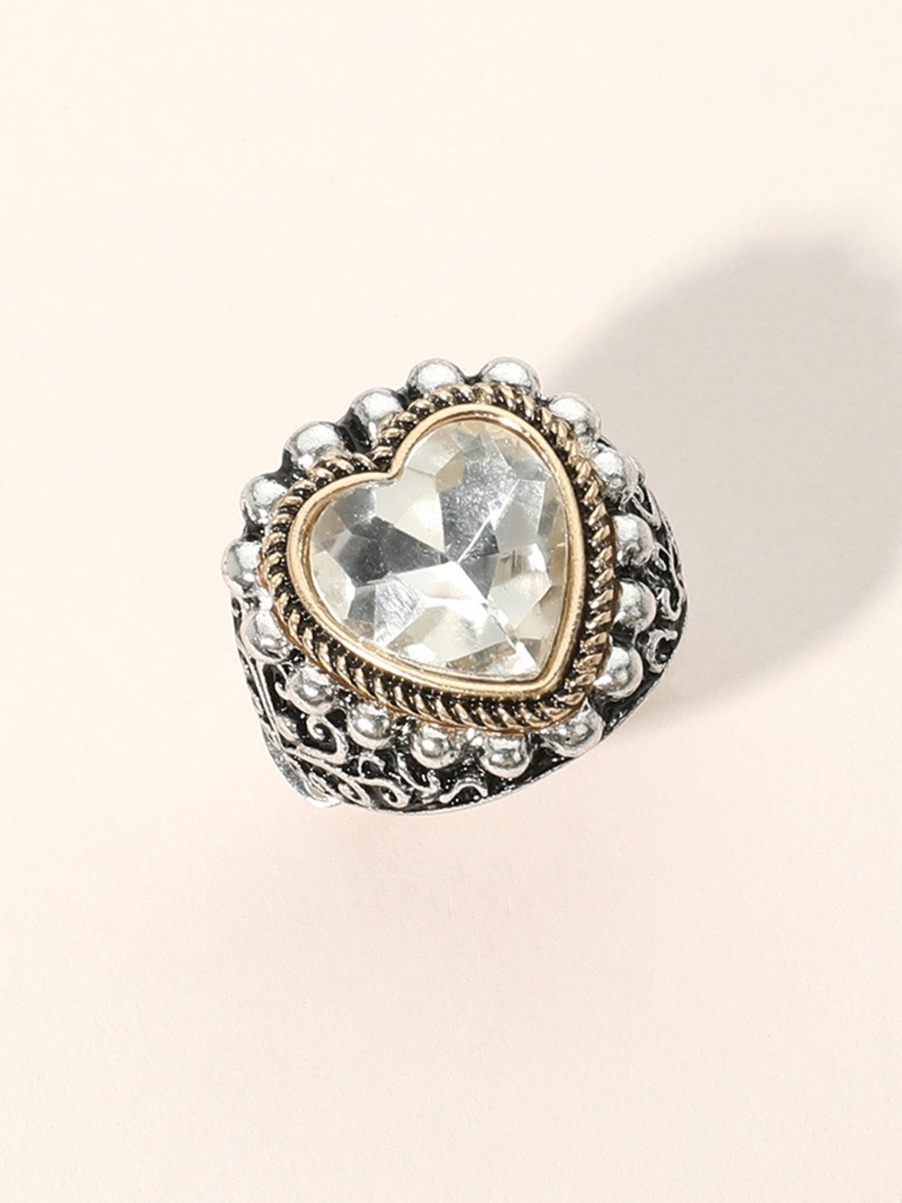 Clear Two Tone Heart Crystal Stretch Cocktail Ring Statement Jewelry Silver Gold